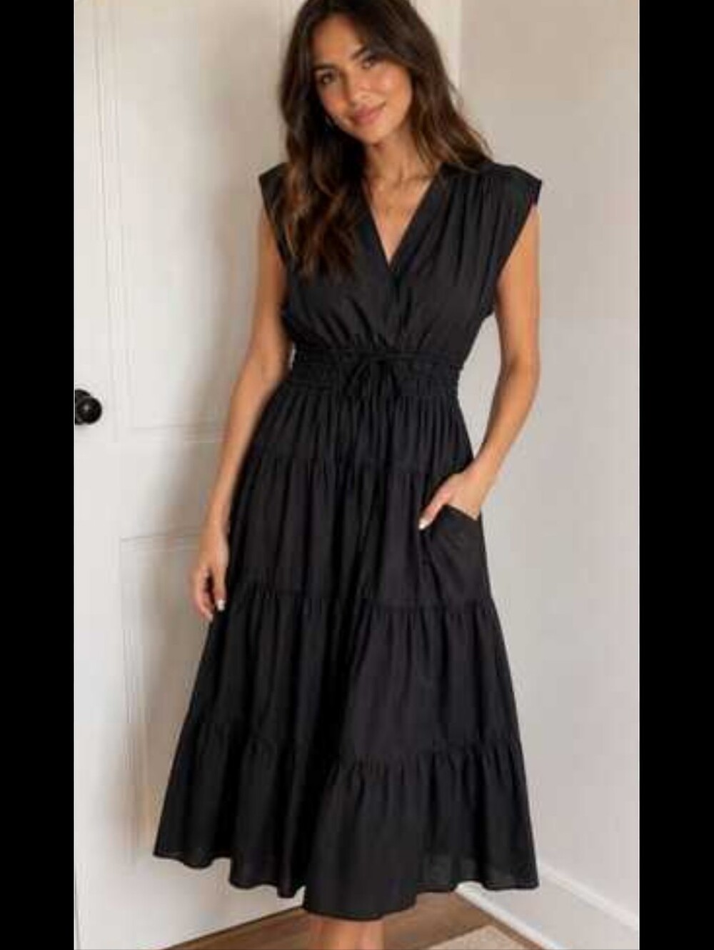 Nicole Miller V Neck Tiered Maxi Dress Black XL